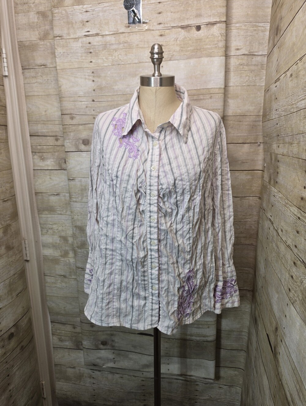 Light Striped Button-Up Shirt with Lavender Embroidery